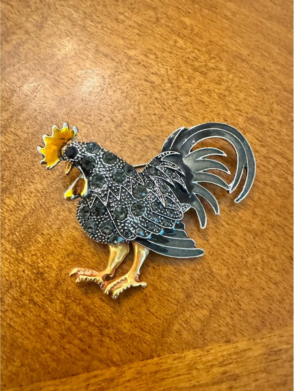 Vintage Rooster Brooch Pin with Black and Gold Detailing 321
